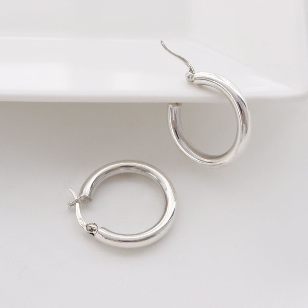 (925 Silver) Classic Bold Hoop Ring Earrings 25mm Daily Silver Earrings Glossy Earrings Trendy Earrings
