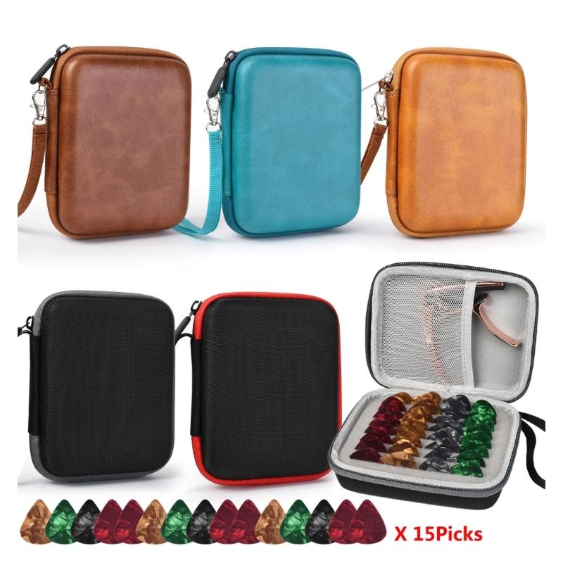 Guitar Pick Holder Case Guitar Accessory Storage Pouch with 15Free Guitar Picks Portable Zipper Guitar Picks Storage Box