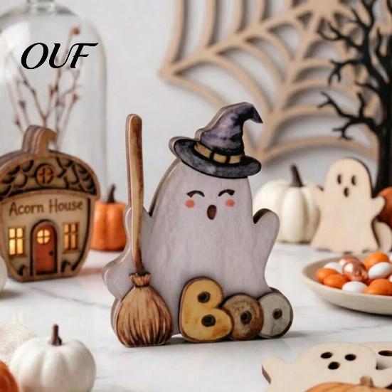 Small Ghost Statues for Shelves Halloween Table Ornament, 2D Wooden Figurine with Cute Tiered Tray Decor Pumpkin/Black Cat/Broom Home Office