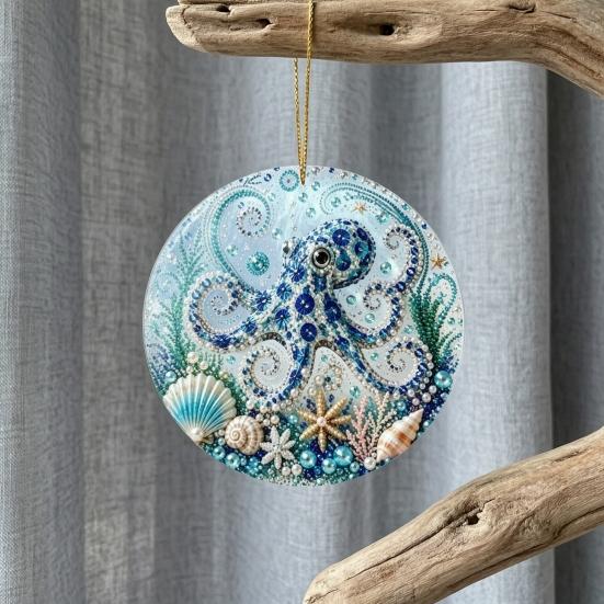 Handcrafted Sea Series Ornaments Ocean Theme Pearl Art Hanging Ornament, 2D Flat Acrylic Coastal Beach Home Decorations Life Suncatcher, Beaded