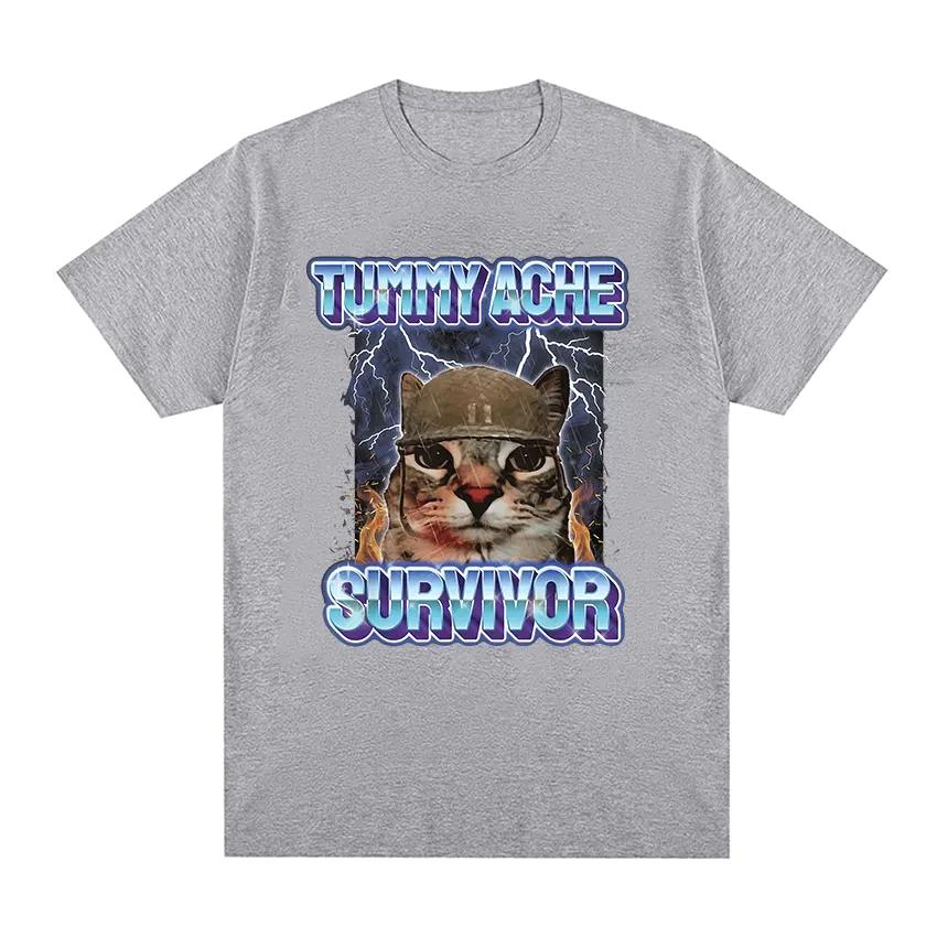 Vintage Tummy Ache Survivor Funny Cat Meme Printed Tee Shirt Women Clothing Fashion Short Sleeve T-shirt Casual Clothing