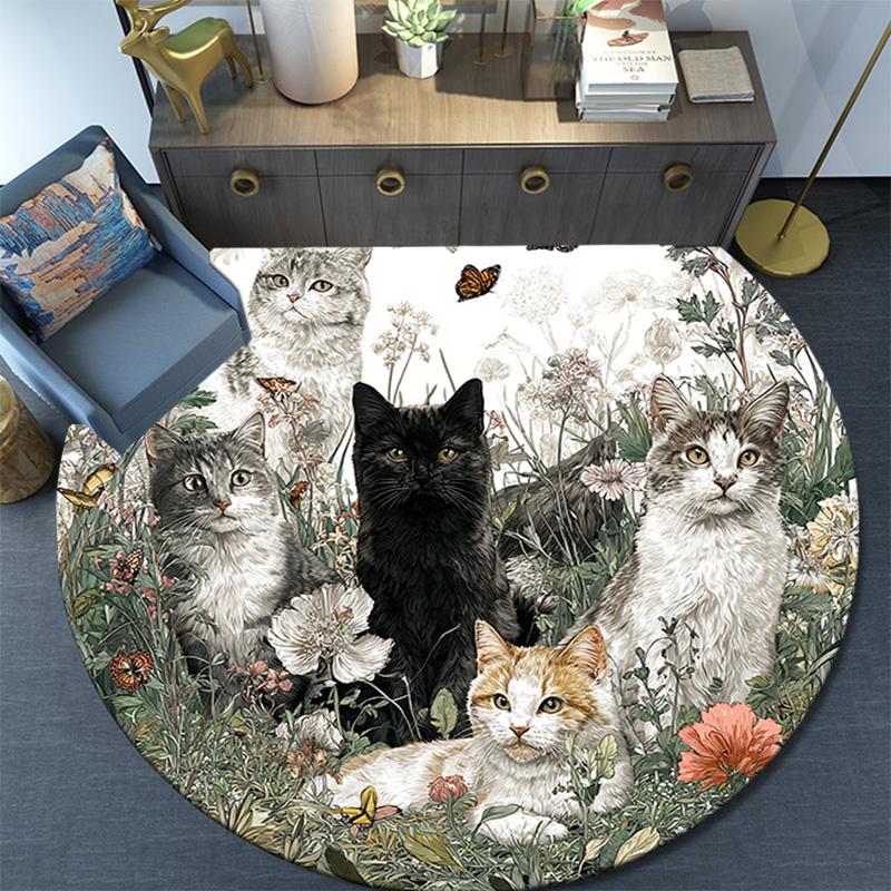 Cats Flowers Round Area Rug,Carpet Rug for Living Room Bedroom Sofa Playroom Decor,Non-slip Floor Mat