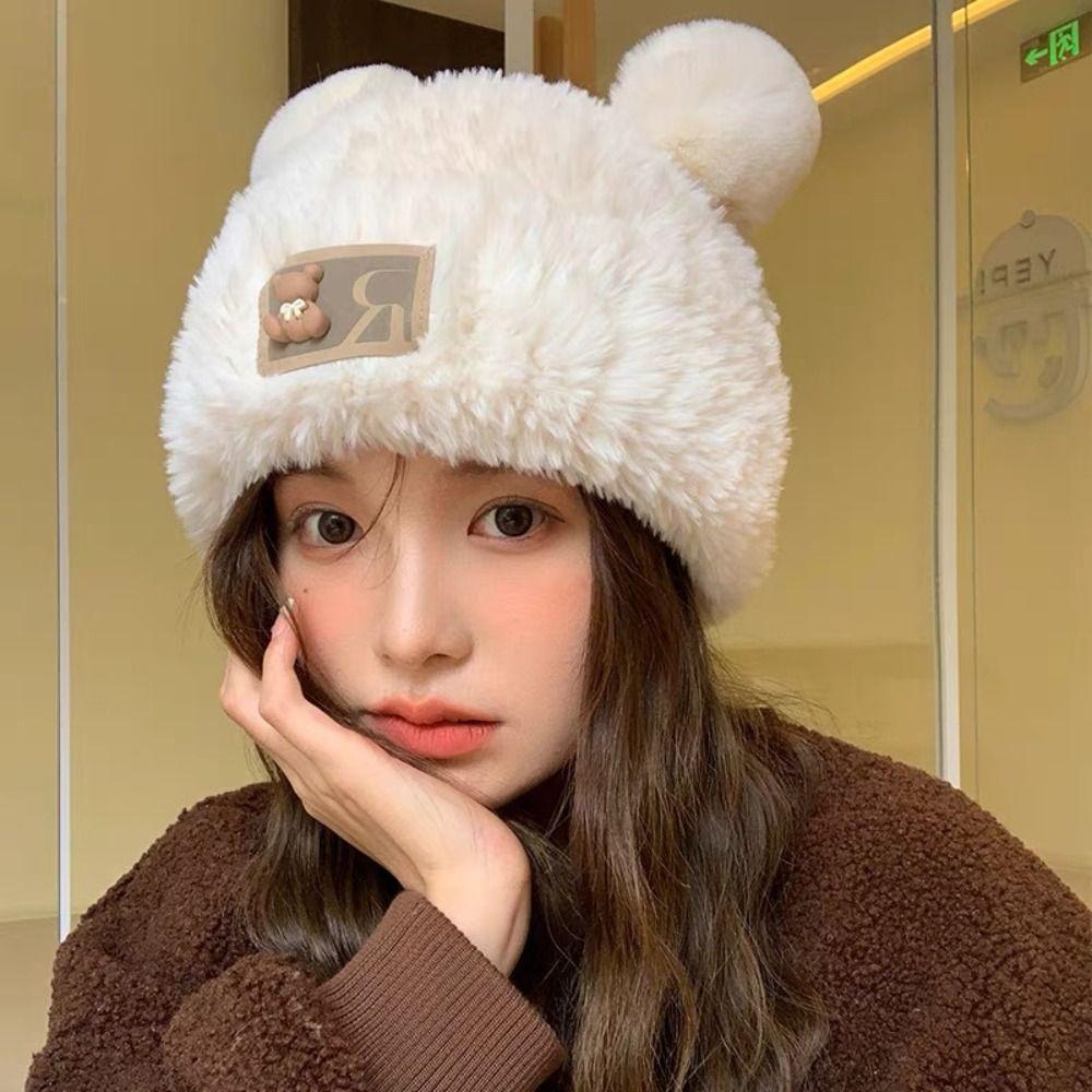 Warm Y2K Bear Ear Hat Cute Beanies Caps New Design Winter Plush Bear Hat  Girls