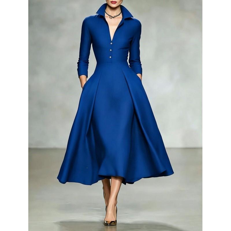Womens Elegant V-Neck Waist-Cinched Long Sleeve Midi Dress Winter 2026 Loose Fit Solid Color Office Casual