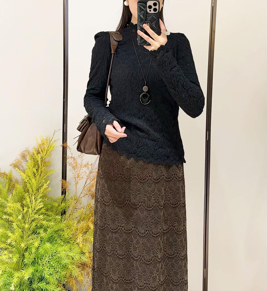 Women s High-Neck Lace Base Layer Top with Fur Inner Layer - Autumn/Winter Edition M (45-60 kg) чёрный