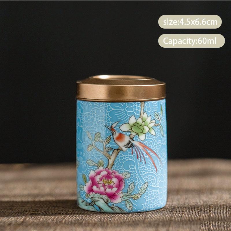 Chinese Enamel Color Flower and Bird Tea Caddy Ceramic Tea Jar Sealed Container Travel Tea Box Coffee Candy Storage Tank Teaware