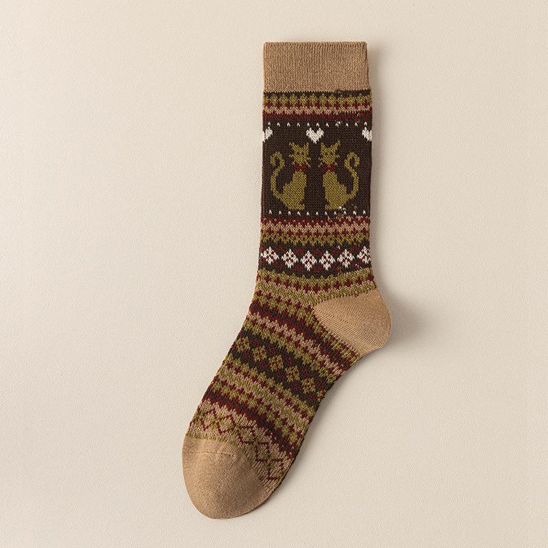 

Женские этнические носки до середины икры с двойной иглой - Осень/Зима, милый дизайн с котенком, ретро махровые носки в стиле мори-гёрл One Size