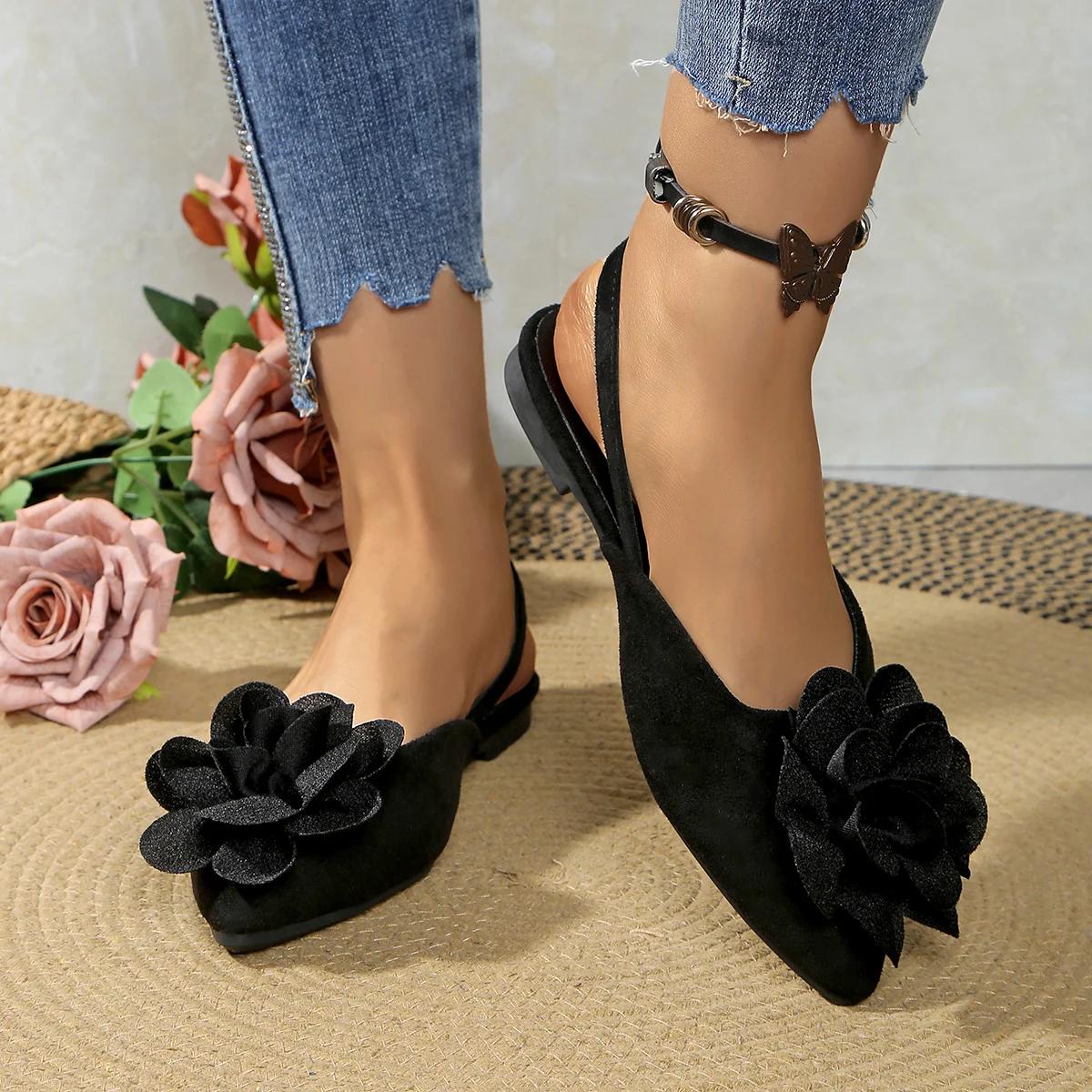 

Classic Big Flower Pointed Toe Sandals Women 2025 Summer Flat Heels Light Weight Shoes Women Comfortable Daily Black Shoes 43 чёрный