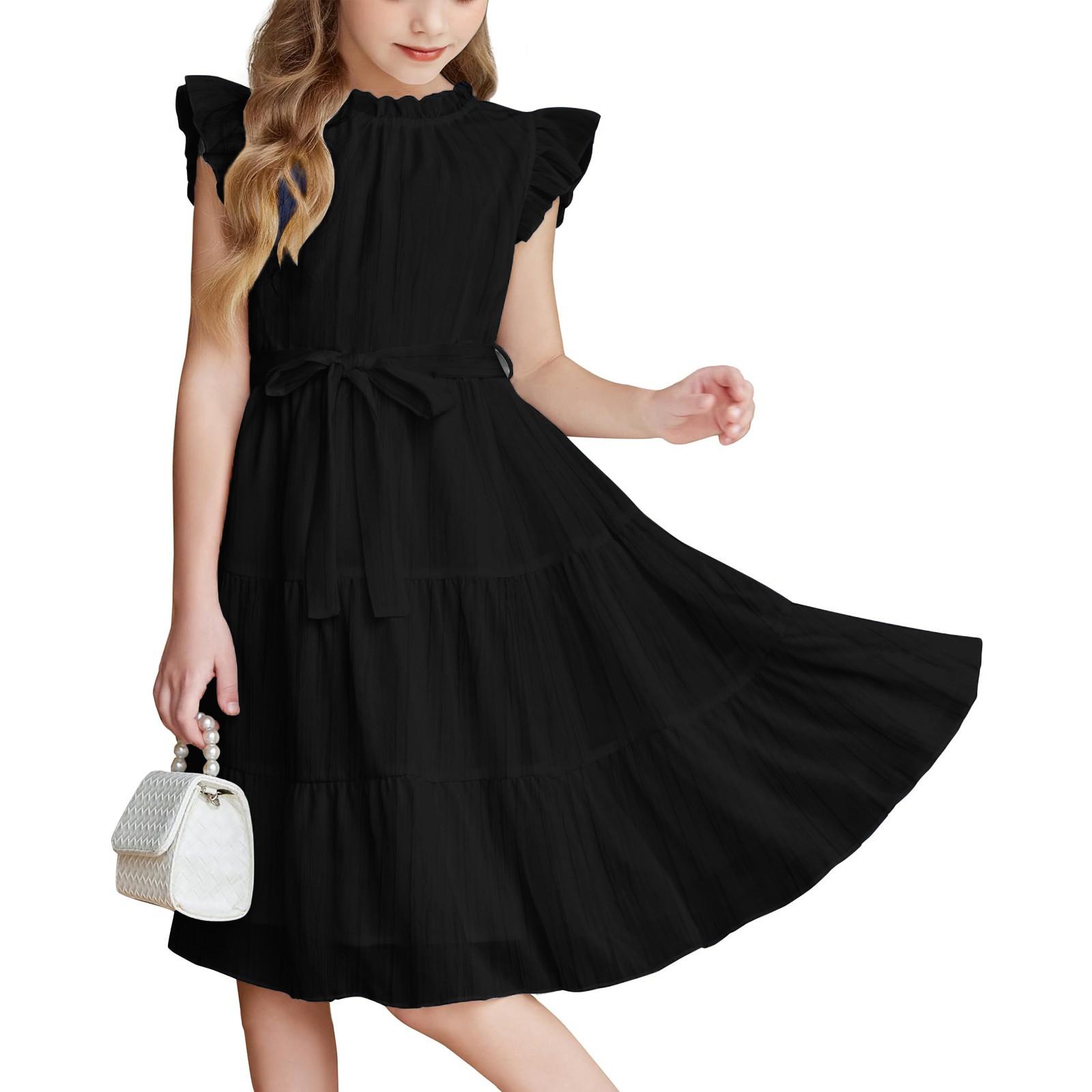 

Платье для девочек, однотонное, с круглым вырезом, завязывающимся на талии, с оборкой по подолу 120 чёрный