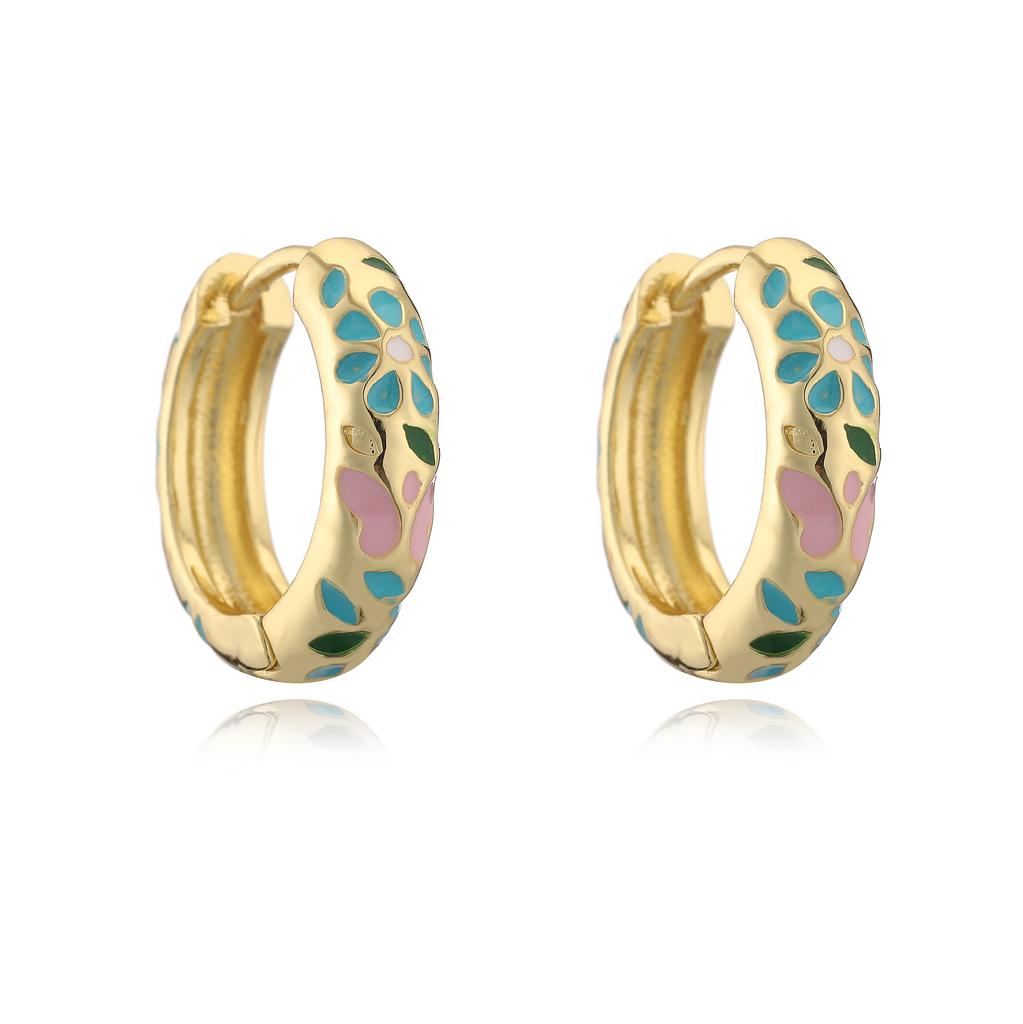 HECHENG, Enamel Dripping Oil Bohemian Style Colorful Flower Pattern Golden Earrings Neutral Women's Zircon Gift 1 Pair