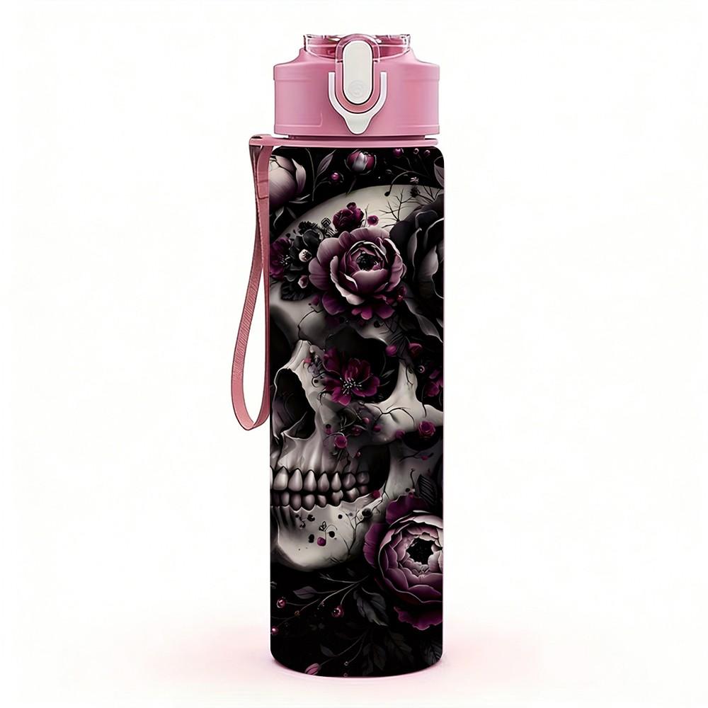 1PC Dark Skull Rose Mystic Gothic Art Print 750ml Color Plastic Sports Water Bottle Leakproof Flip Straw Lid Suitable for Sports Office Home Use