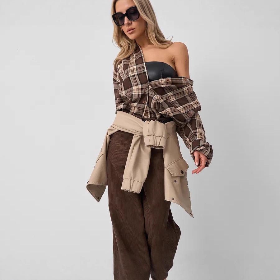 Women's Long Sleeve Shirt Retro Versatile Plaid Pocket Casual Shirt