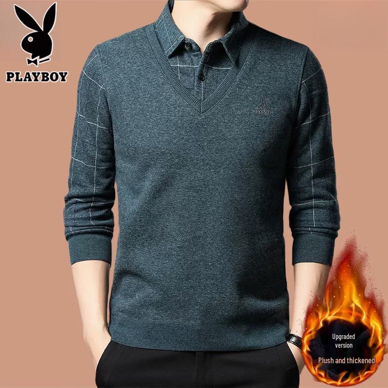 PLAYBOY Men's Faux Two-Piece Fleece-Lined Sweater with Shirt Collar