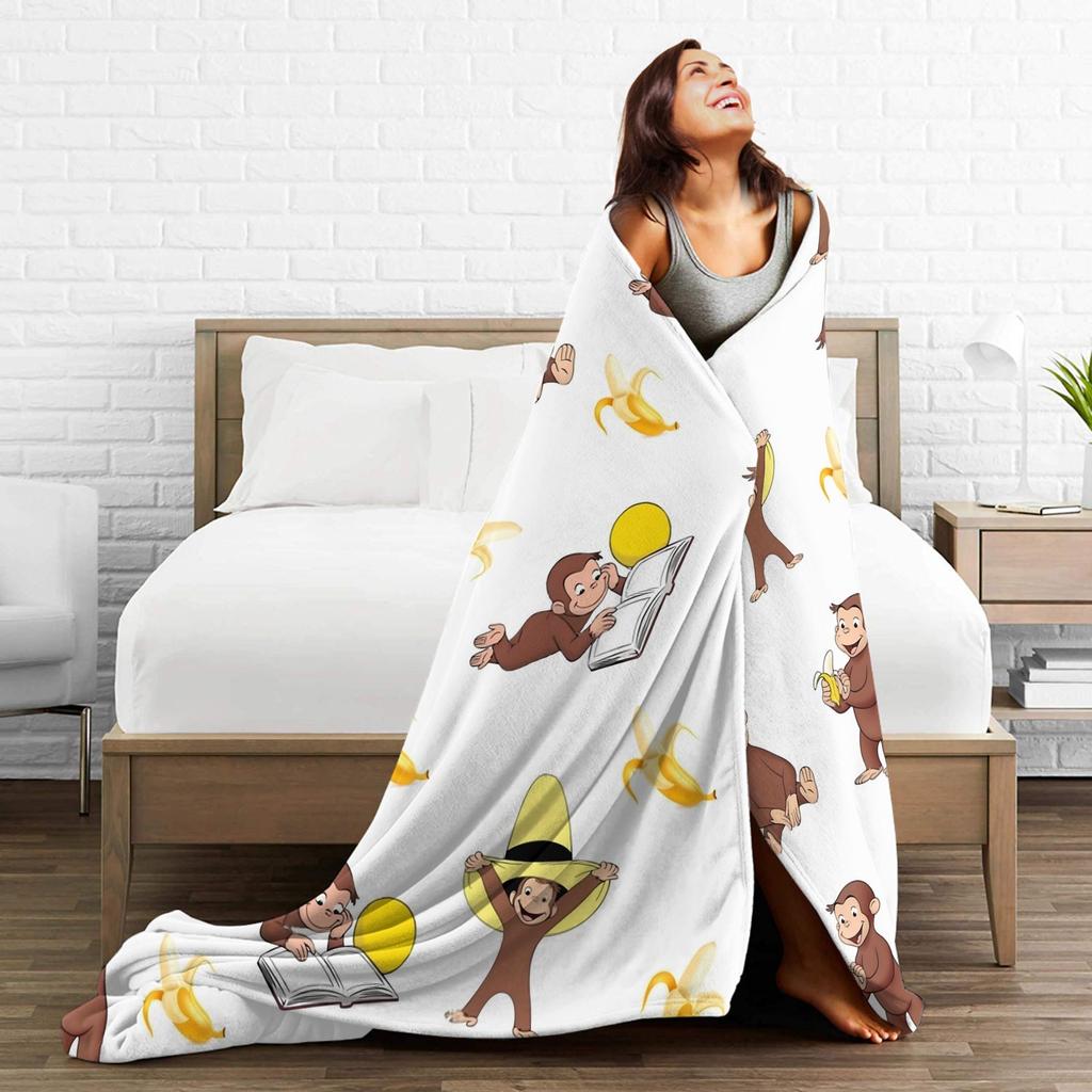 George the Curious Monkey Banana Cartoon Blanket Soft Plush Throw Blanket For Couch Chair Travel Flannel Bedspread Bed Cover