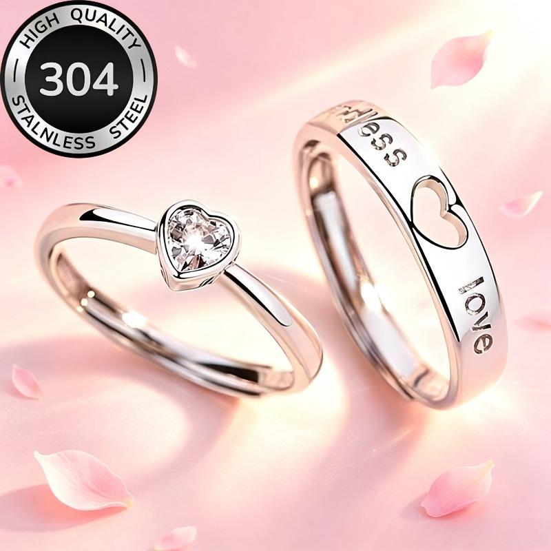 2High-quality, non-fading, adjustable heart-shaped couple's ring in classic silver with letters, perfect Valentine's Day gift for him or her