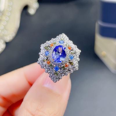 925 prata nova luz luxo imitação natural tanzanita anel feminino micro-incrustado diamante banhado 18k ouro aberto tesouro anel