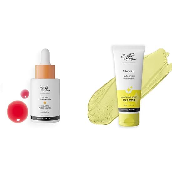 

Chemist At Play 26% AHA 2% BHA 4% PHA Пилинг-раствор Дерматологически протестировано | 30 мл + Осветляющий гель для умывания с 30-кратным содержанием витамина С для мужчин и женщин | 100 мл