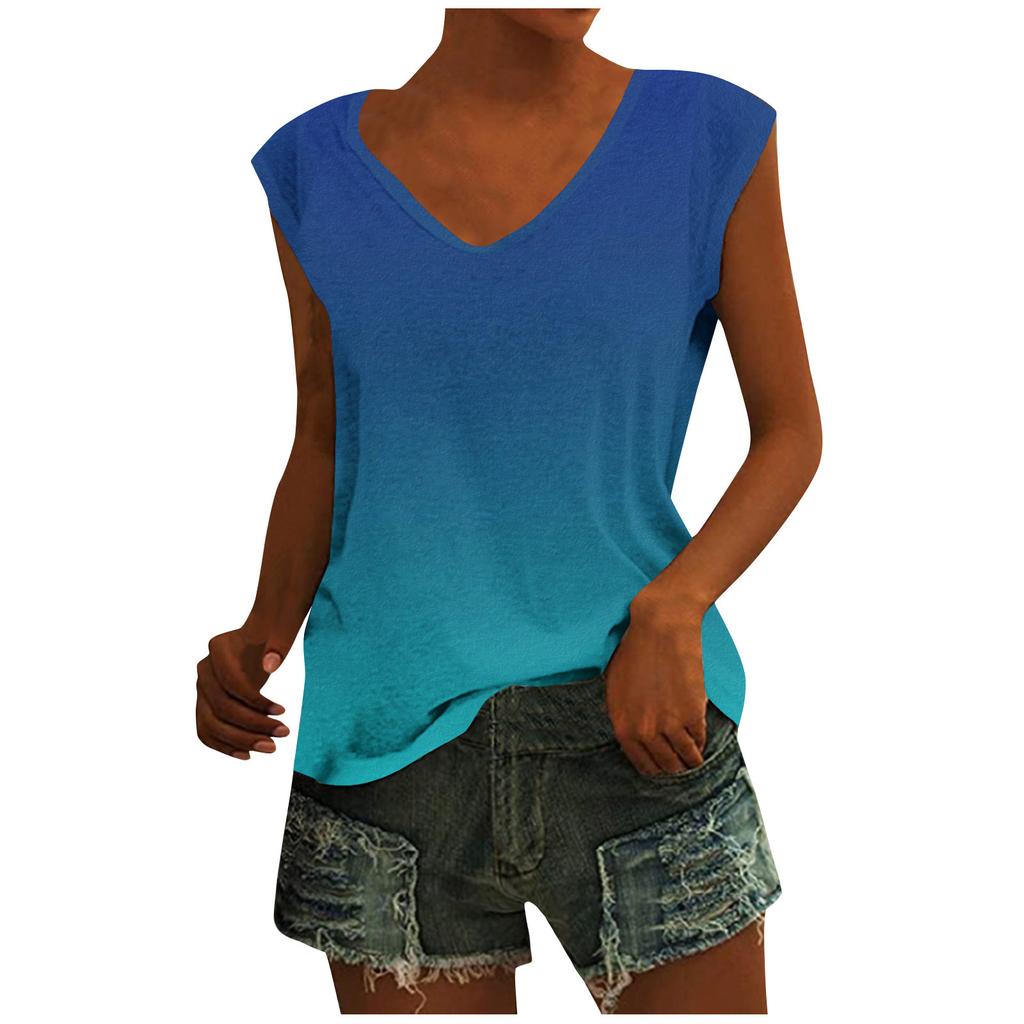Women Fashion Casual Tops Printed Sleeveless Shirts V Neck Pullover T Shirts