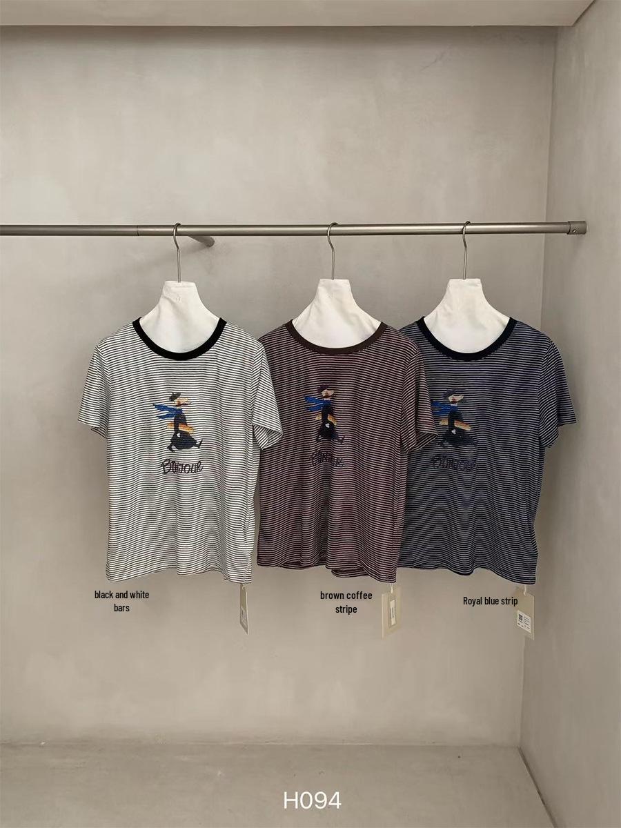 

Sunai 2026 Korean Striped Cartoon Print Round Neck Loose Short Sleeve Women s T-shirt One Size