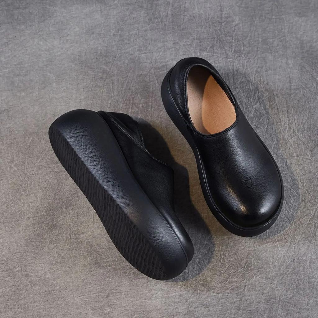 Johnature Genuine Leather Thick Soled Loafers Retro Round Toe Women's Slip-on Flat Platform Shoes
