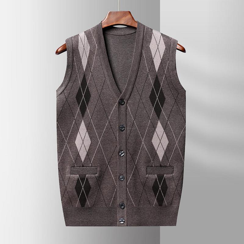 New Men's Knitted Cardigan Button Vest for Autumn and Winter, Middle-aged and Elderly Casual V-neck Vest Loose Vest