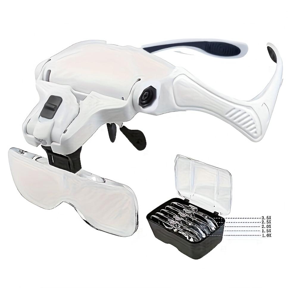 LED Head Magnifier 5 Interchangeable Lenses 1.0X To 3.5X Lighted Magnifying Glasses Battery Powered Head Mount Magnifying Glass