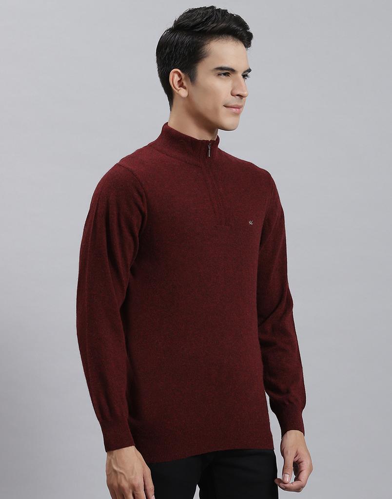MONTE CARLO Mens Maroon Solid Stand Collar Sweater