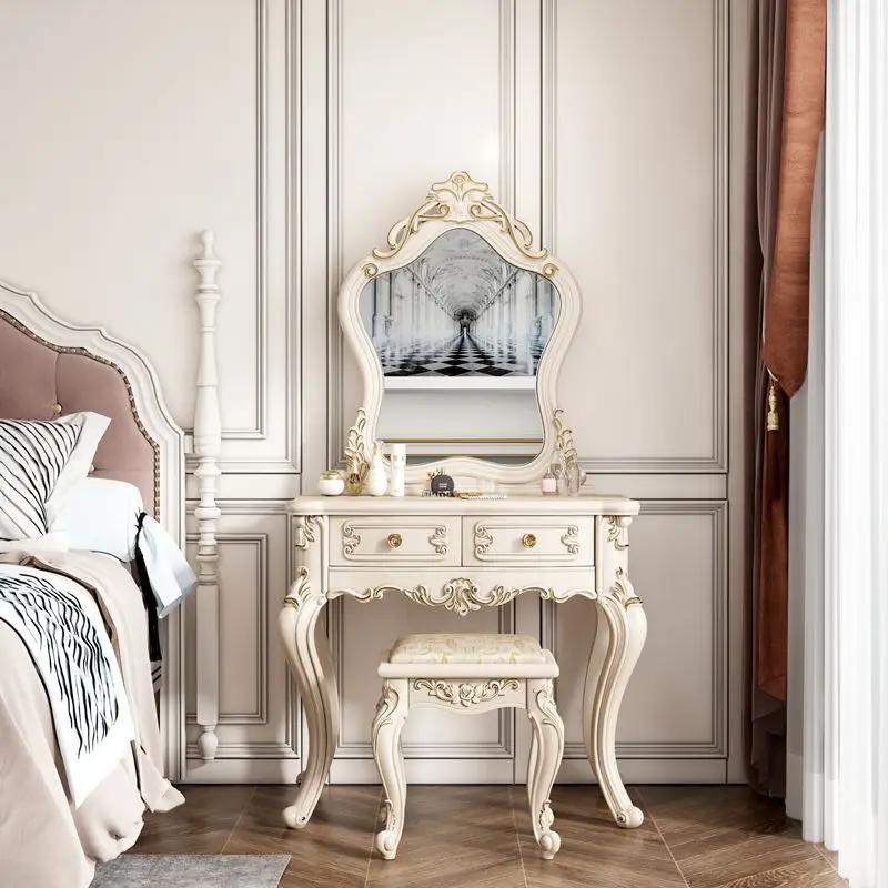 European Dressers Vanity Table Set with Mirror White Makeup Desk with Drawers & Stool - Small Wood Dressing Table for Bedroom