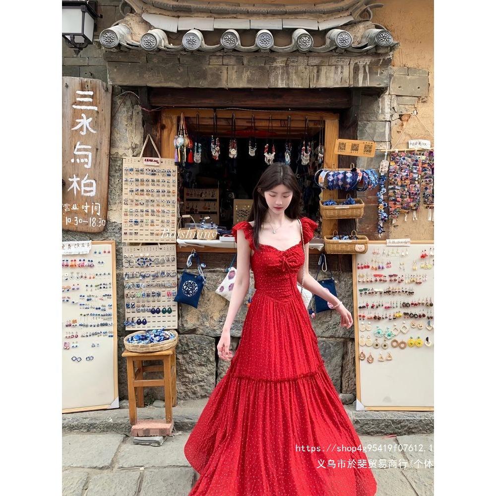Red floral small flying sleeve backless dress women's summer new thin gentle versatile seaside vacation long skirt