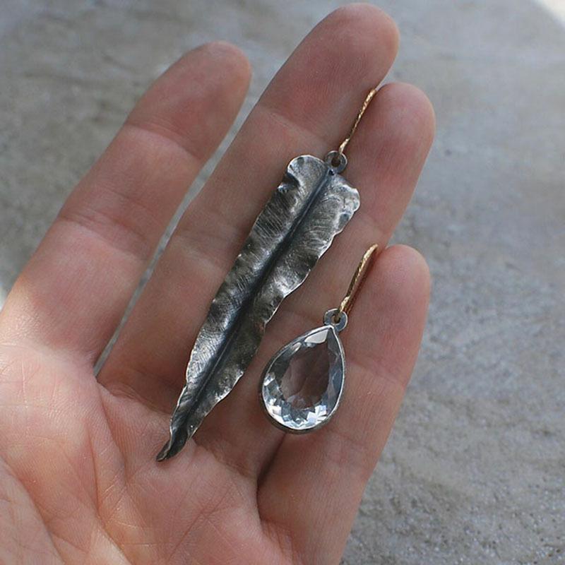 Винтажные серебристые серьги-подвески в форме капли листа с белым камнем для женщин