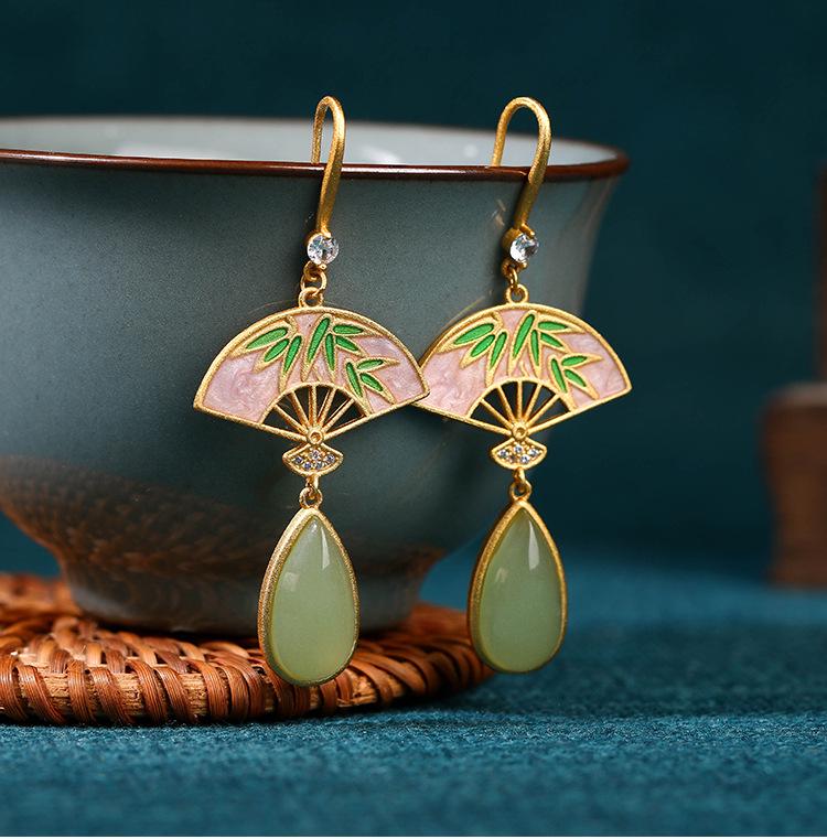 Chinese Bamboo Fan-Shaped Earrings with Imitation Hetian Jade & Enamel