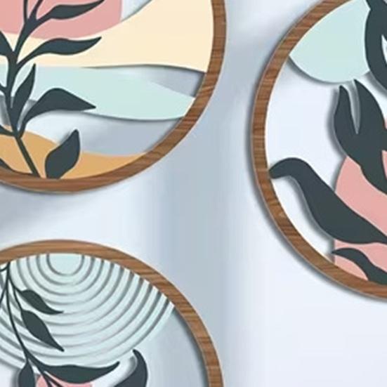 4 Pcs Boho Wall Art Round Bohemian Sunset Wooden Minimalist Poster for Farmhouse Abstract Plant Hollow Out Wall Hanging Decor for Living Room Bedroom