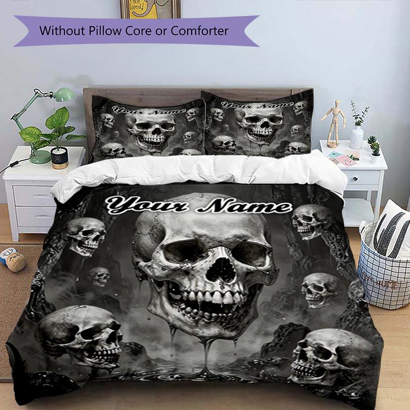 3PC Custom Name Skulls Dark Forest Bedding Set Duvet Cover Closure Includes 1 Duvet Cover & 2 Pillowcases for Bedroom
