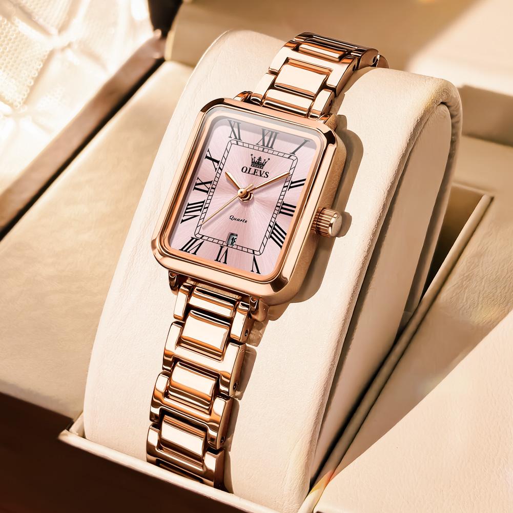OLEVS Women's Watches 5641 Luxury Fashion Square Original Quartz Watch for Lady Rose white Dial Waterproof Date Stainless Steel