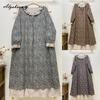 Japanisches Mori-Mädchen Frühling Herbst Damen Midikleid Rüschenkragen Blumendruck Patchwork Retro Kleid Vintage Baumwolle Leinen Stickerei Aushöhlen Kleid