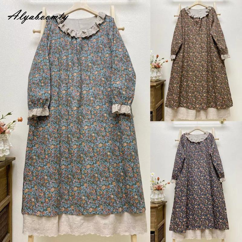 Japanisches Mori-Mädchen Frühling Herbst Damen Midikleid Rüschenkragen Blumendruck Patchwork Retro Kleid Vintage Baumwolle Leinen Stickerei Aushöhlen Kleid