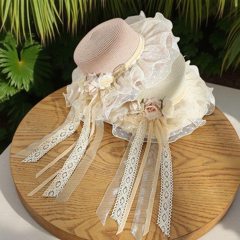 Sun Hat Pastoral Sweet Lolita Straw Hat Lace Bow Travel Streamer Sunscreen Straw Hat Beauty