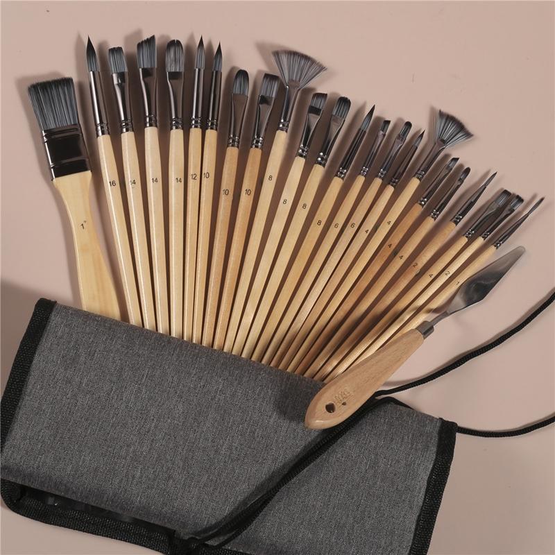 24x Acrylic Painting Brushes Scraper with Cloth Bag Artist Paintbrushes for Canvas Kid Adult Drawing Art Craft Supplies