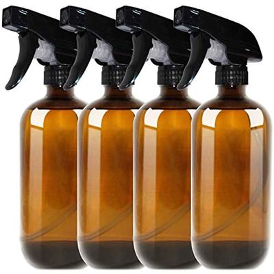 Botella de spray de aire ámbar Boston de 500 ml (4 paquetes) - Envase recargable con pulverizador, tapa y etiqueta, botella de vidrio para aceites esenciales