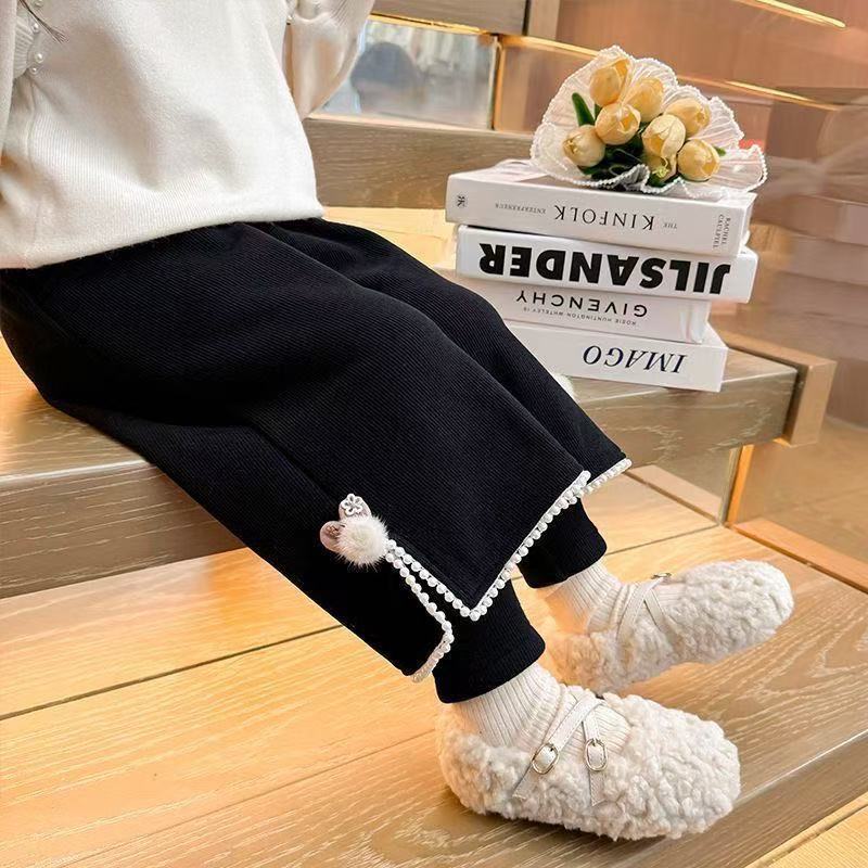 

Детские осенние и зимние велюровые утолщенные двухслойные теплые новые корейского стиля повседневные модные брюки с имитацией двойки для девочек 90cm чёрный