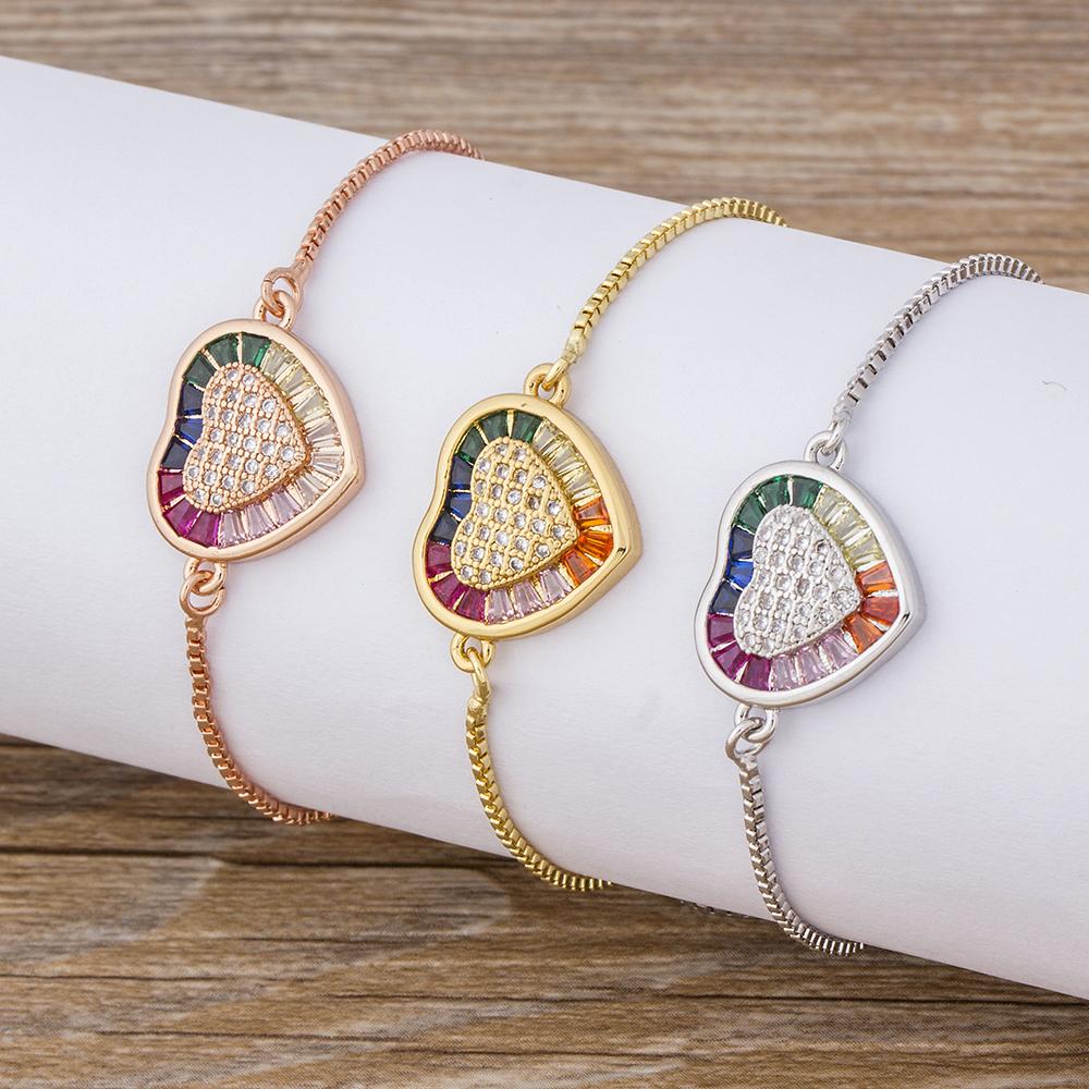 AIBEF Hot Sale Lovely Heart Rainbow Adjustable Bracelet Bangle Cubic Zircon Chain Bracelet Women Jewelry Birthday Gifts