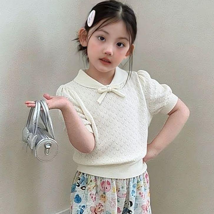 Girls Summer Sweet Bow Hollow Knit Polo Short Sleeve T Shirt