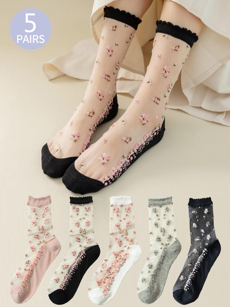 5Pairs/Set Breathable Women Silk Crystal Rose Flower Embroidered Sox For Ladies Summer Fashion Elastic