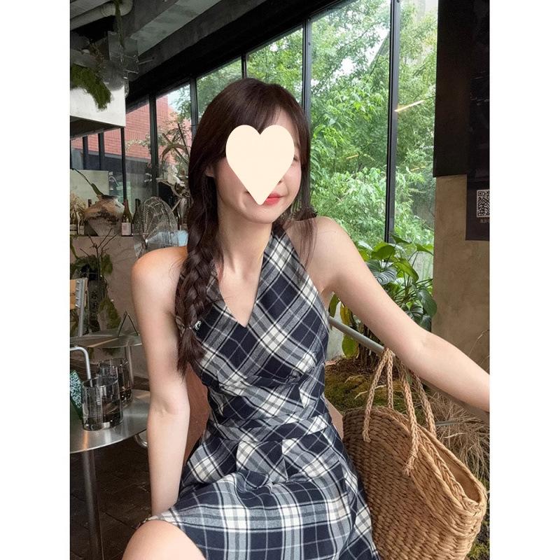 Black and White Plaid V-neck Neck Lace-up Dress for Women's Spring New Sweet Spice Girl Waist A-word Short Skirt