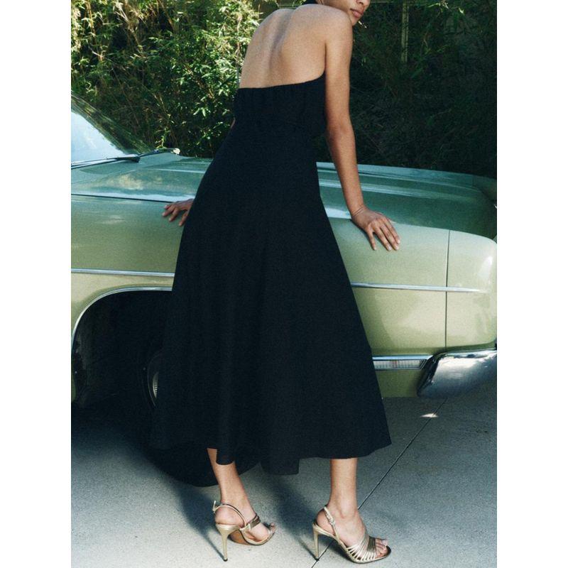 Za2024 Summer New Product Women's Clothes Sexy Open Back Hanging Collar Midi Skirt Dress Black Dress 4786011 800