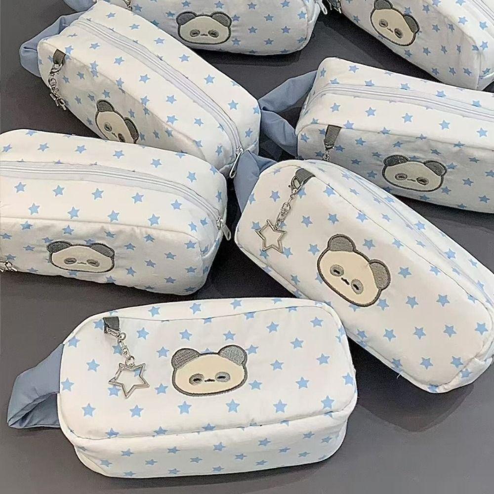 Durable White Pen Bag Large Capacity Star Panda Pattern Pencil Case Handheld Portable Stationery Storing Bag Students