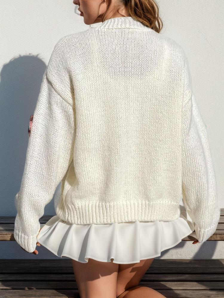Süßer Damen Pullover Blumenmuster Knopf Strickjacke Süß Frisch Locker Langarm