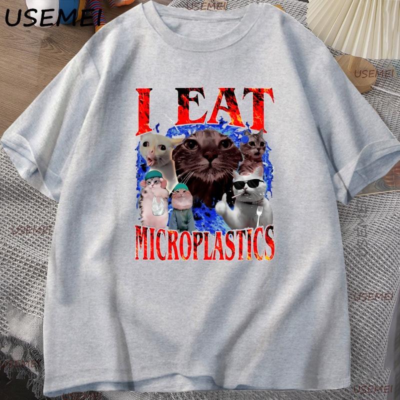 Cursed Cat T Shirt I Eat Microplastics Graphic Tee for Unisex Women Funny Weirdcore Top Cotton Short Sleeve Loose Tshirt Clothes