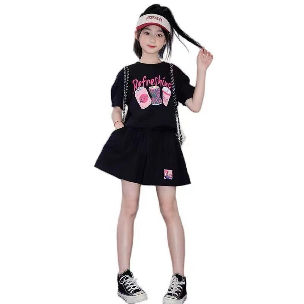 

Повседневная летняя подростковая одежда для девочек, футболка с принтом с коротким рукавом + юбка-карго, детский комплект 120