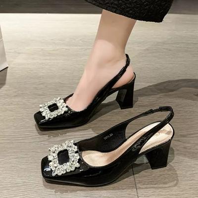 2024 Summer Fashion Rhinestone Square Button High Heel Sandals Thick Patent Leather Back Strap Women's Shoes Pumps